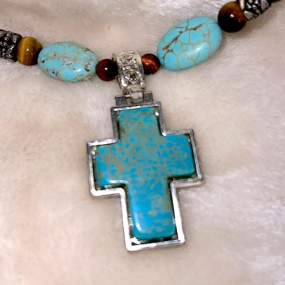 ✝️ BOHO 18” TURQUOISE & TIGERS EYE BEADED MACRAME NECKLACE w/SILVER-TONE ACCENTS - Picture 4 of 7